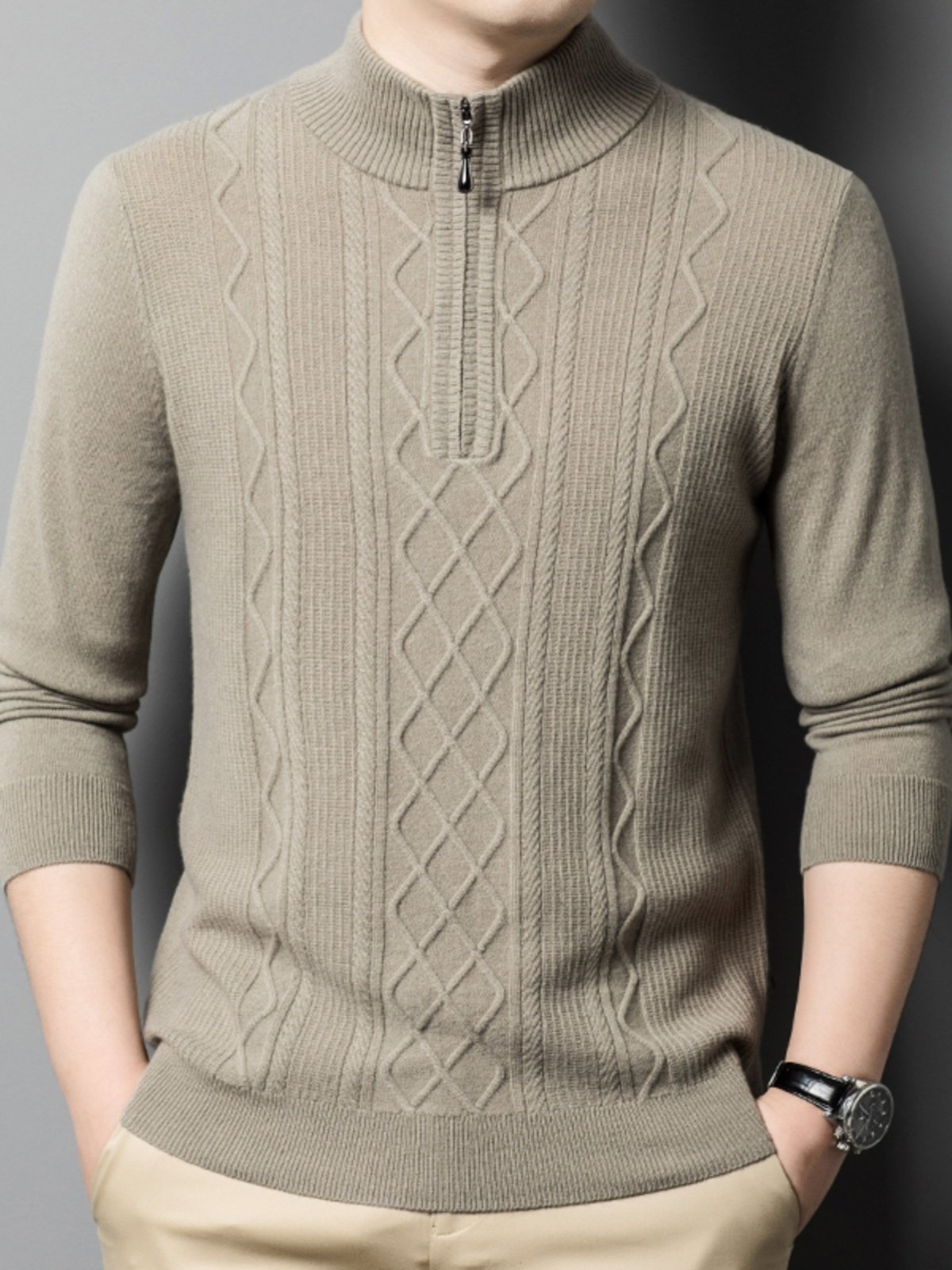 中年男士纯羊绒衫春秋季高端针织衫潮流爸爸装纯色半高领提花毛衣,男装,针织衫/毛衣,淘宝优惠券,粉丝福利购,淘宝优惠卷