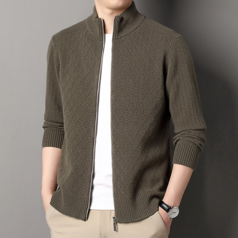针织开衫男士春秋季中青年菱形提花潮流拉炼外套休闲立领纯羊毛衫