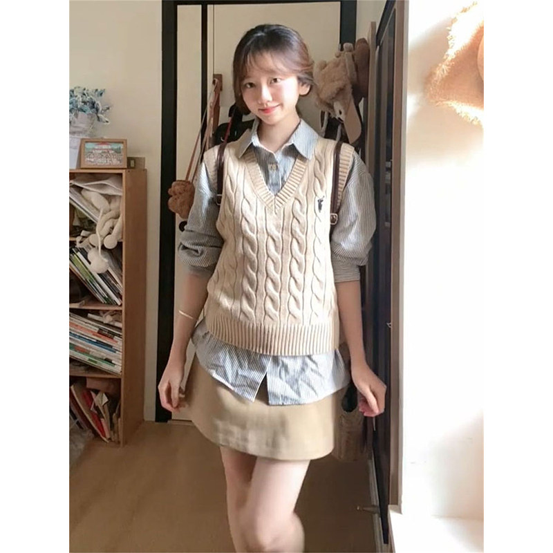 小众通勤复古学院风麻花针织马甲背心女叠穿条纹长袖衬衫两件套装