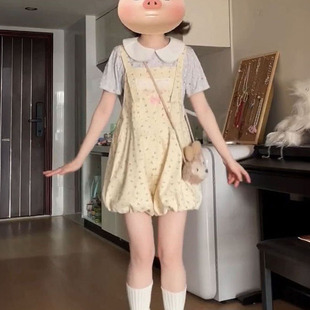甜美百搭显瘦遮肉蝴蝶结绑带碎花背带气质学院风连衣裙女 夏季