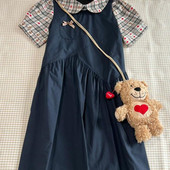 初恋清纯绝美度假旅游宽松遮肉假两件格纹拼接娃娃领衬衫 连衣裙