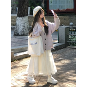 小个子白色吊带连衣裙俩件套装 高级感针织软糯奶紫色毛衣 女早秋季