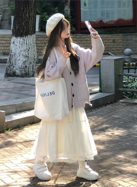 小个子白色吊带连衣裙俩件套装女早秋季高级感针织软糯奶紫色毛衣