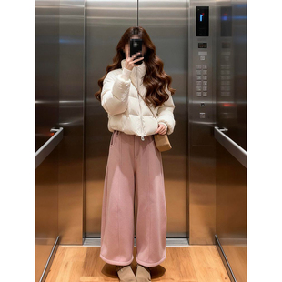 奶白色面包棉服棉衣女学生 子 学院风小众复古套装 两件粉色毛呢裤