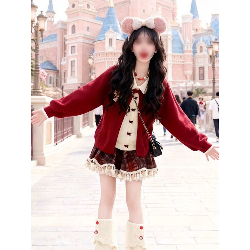 2025元气少女假两件娃娃领蝴蝶结毛衣开衫外套冬季格纹短裙两件套,女装/女士精品,时尚套装,淘宝优惠券,粉丝福利购,淘宝优惠卷