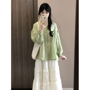 甜美风小众独特绿色宽松薄款 上衣女学生搭配白色半身裙两件套 衬衫