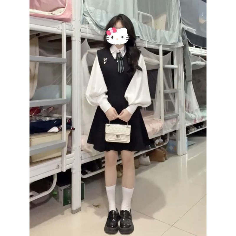 小众学院风时尚黑色掐腰背心连衣裙女小个子氛围感衬衫上衣两件套,女装/女士精品,时尚套装,淘宝优惠券,粉丝福利购,淘宝优惠卷