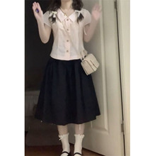 学院风甜美套装女夏季韩系减龄文艺风翻领粉色短袖衬衫短裙两件套