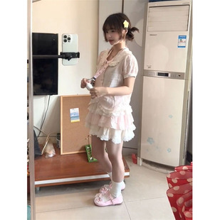 上衣女学生搭配高腰蕾丝拼接半身裙 韩系穿搭一整套可爱娃娃领短袖
