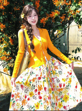 2026甜美橘色系带针织开衫女学生橙色花朵显瘦高腰半身裙两件套装