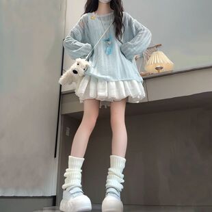 韩系甜美清新学院风薄款镂空针织罩衫女+高腰短款半身裙两件套装