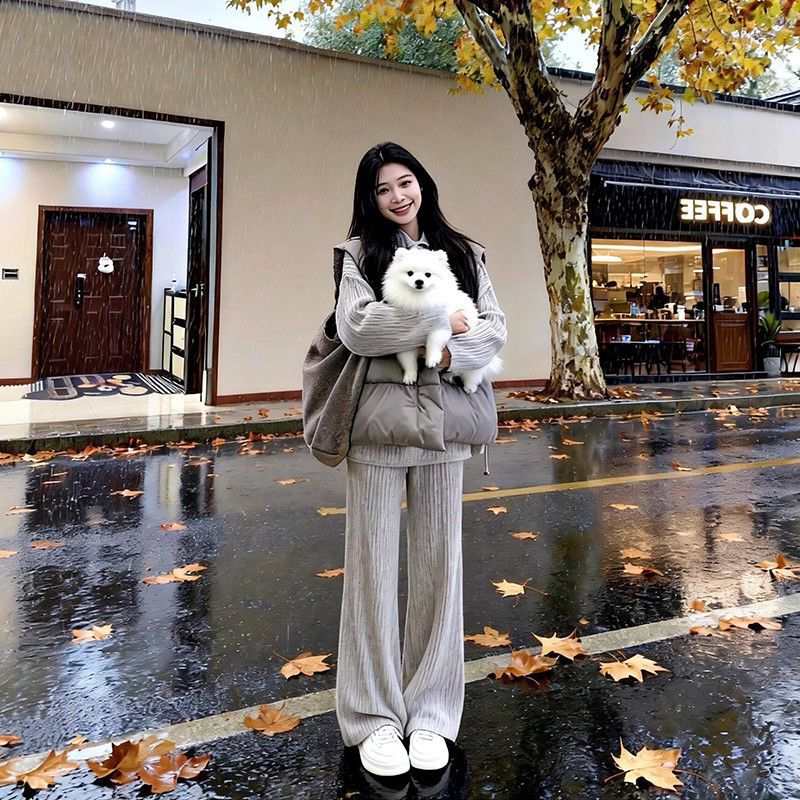 灰色长裤+马甲背心+长袖针织衫