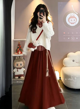 时尚富家千金风红色格纹衬衫上衣叠穿温柔长袖毛衣女松紧腰半身裙