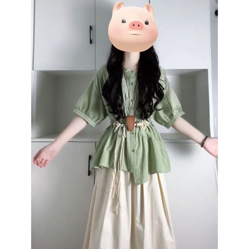 绿色衬衫半身裙两件套装