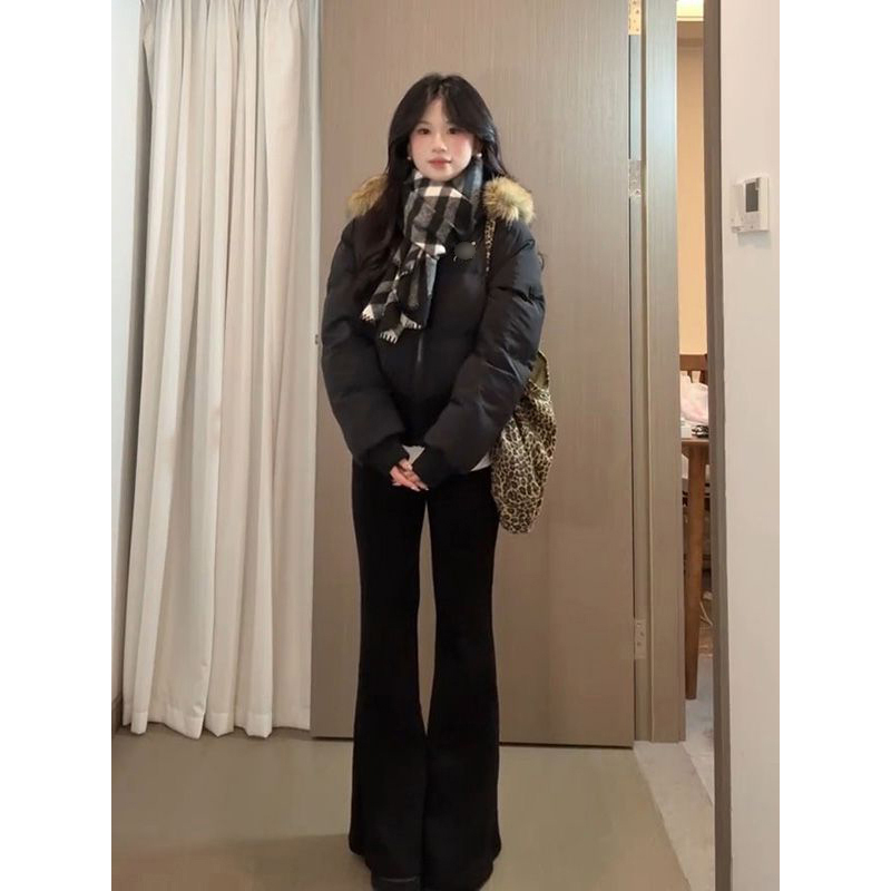 气质时髦毛领连帽棉服女秋冬季通勤保暖拉链黑色收腰显瘦短款外套