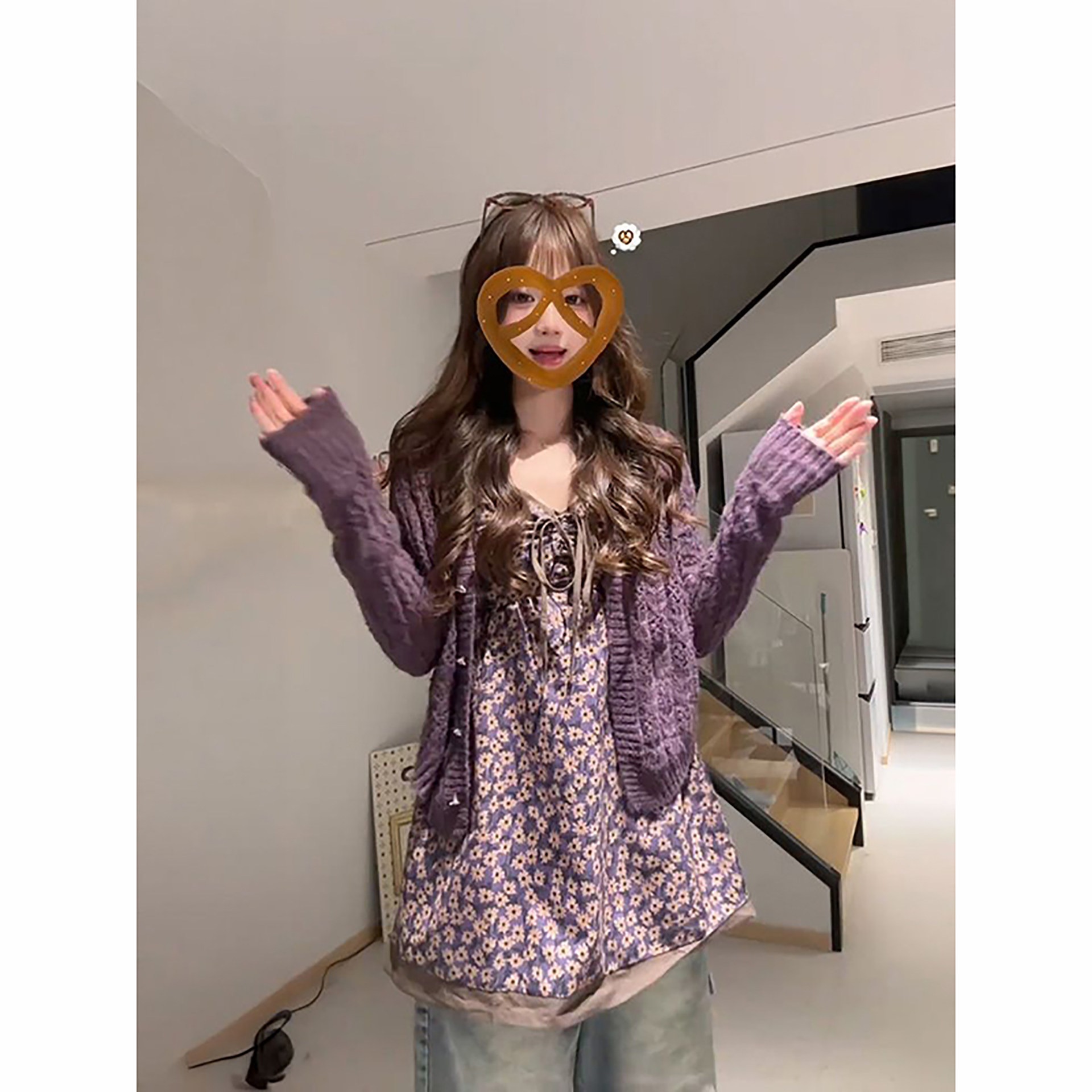 小众复古超绝碎花v领吊带裙上衣女紫色慵懒麻花短款针织开衫套装