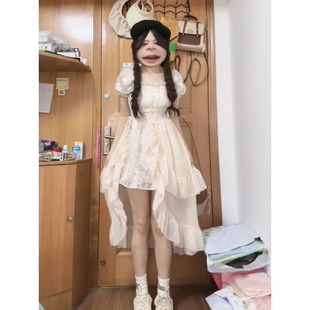连衣裙女夏季 甜美白月光初恋前短后长不规则设计泡泡袖 蓬蓬公主裙