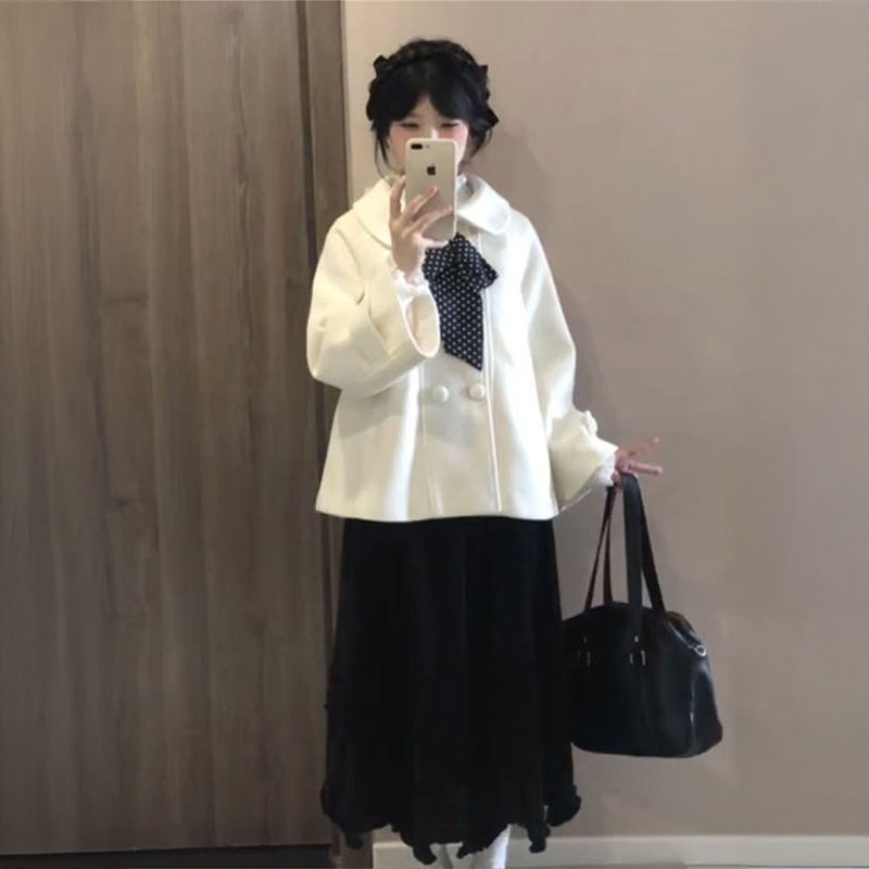 2026温柔学院风蝴蝶结杏色毛呢大衣外套女+木耳边半身裙两件套装,女装/女士精品,时尚套装,淘宝优惠券,粉丝福利购,淘宝优惠卷