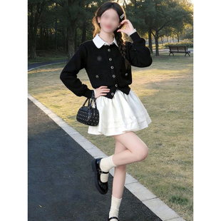 小众学院风黑色短款假两件针织上衣外套女搭配白色半身裙两件套装