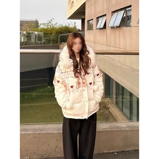 小众学院甜酷风白月光费耳朵雪花小熊棉服百搭宽松女学生棉衣外套