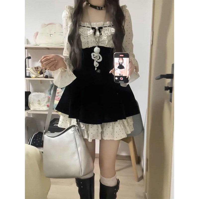 2026甜美可爱少女波点拼接高腰连衣裙春季假两件气质收腰超仙短裙,女装/女士精品,连衣裙,淘宝优惠券,粉丝福利购,淘宝优惠卷