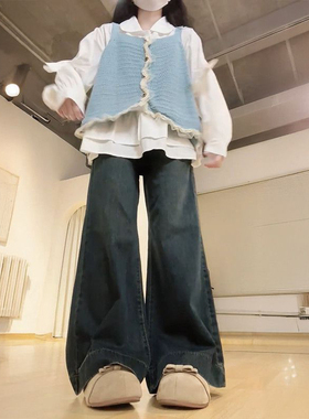 秋冬百搭舒适好看蓝色针织罩衫马甲女甜美风蝴蝶结衬衫长袖两件套