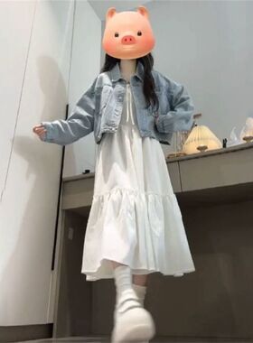 韩系甜美温柔学院风蓝色短款牛仔外套女学生叠穿吊带连衣裙两件套