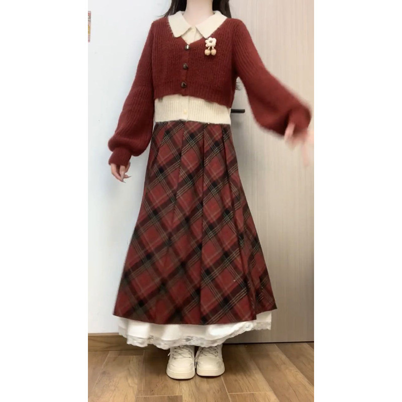 气质红色假两件翻领防寒保暖毛衣开衫女春秋高腰格纹a字裙两件套,女装/女士精品,时尚套装,淘宝优惠券,粉丝福利购,淘宝优惠卷