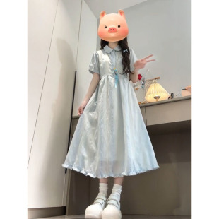 小个子甜美温柔长裙 时尚 温柔风娃娃领条纹印染短袖 连衣裙夏季 新款