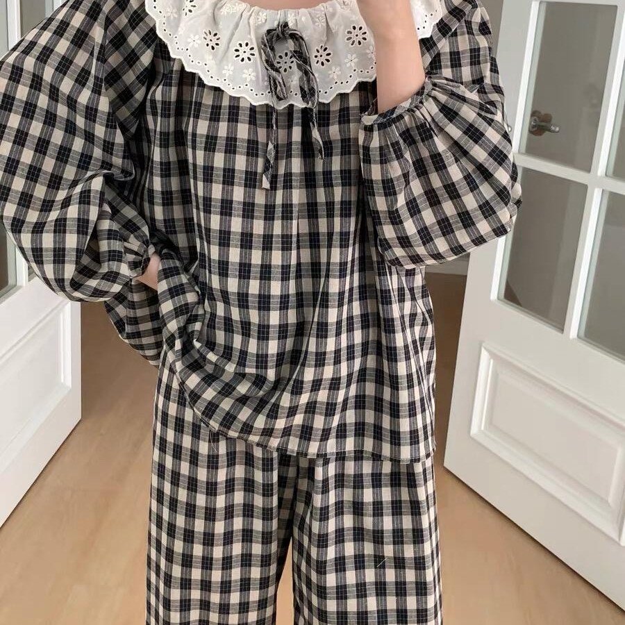 胖mm新款睡衣女春秋冬可爱花边娃娃领甜美日系洋气宽松格子家居服