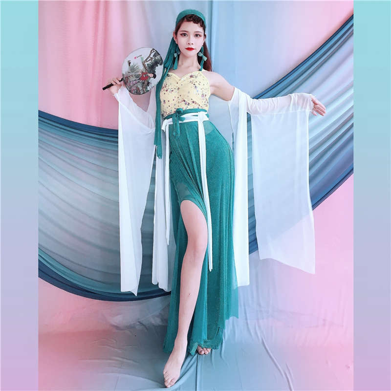 蛛女飘逸开衩大摆国风汉元素舞服女装古典舞中国舞古风表演拍视频