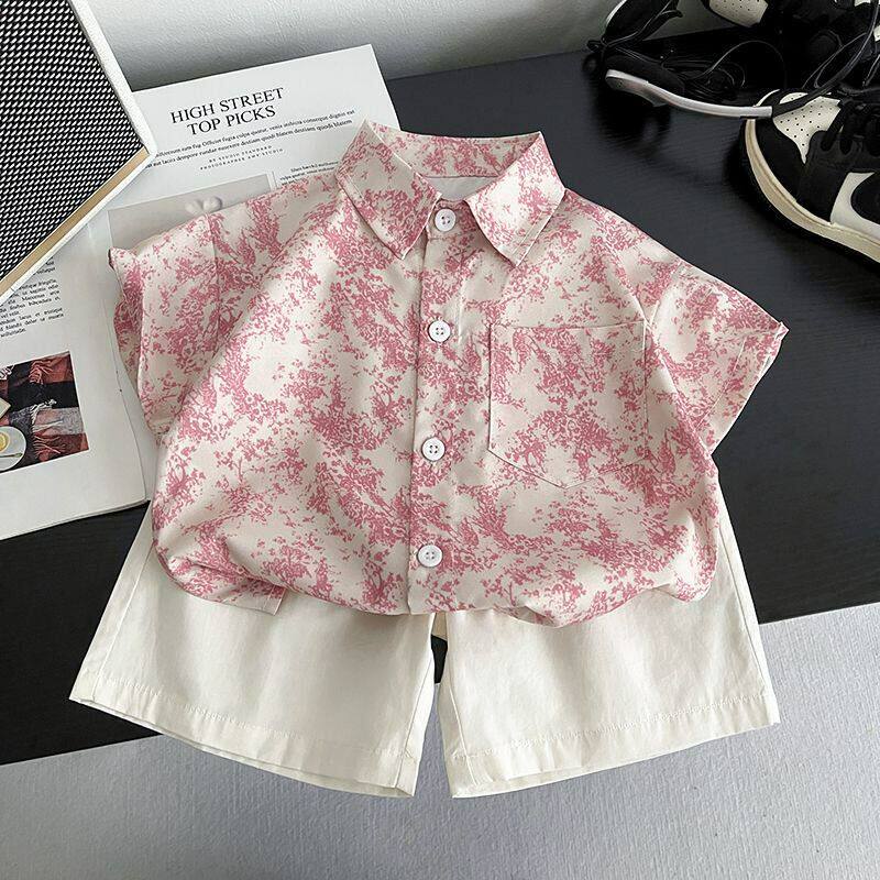 粉色系碎花儿童短袖衬衫夏装男童翻领宝宝小童韩范半袖女童衬衣潮