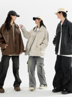 2024秋季新款翻领皮衣夹克复古机车pu男女同款外套