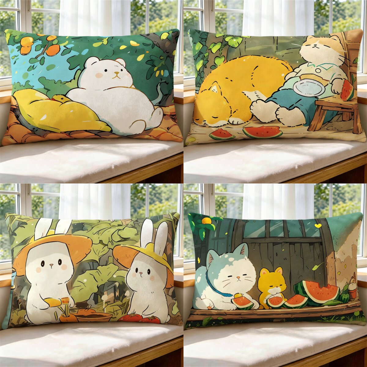 可爱猫咪水彩插画抱枕长方形抱枕卡通宿舍卧室床头枕头超软枕套