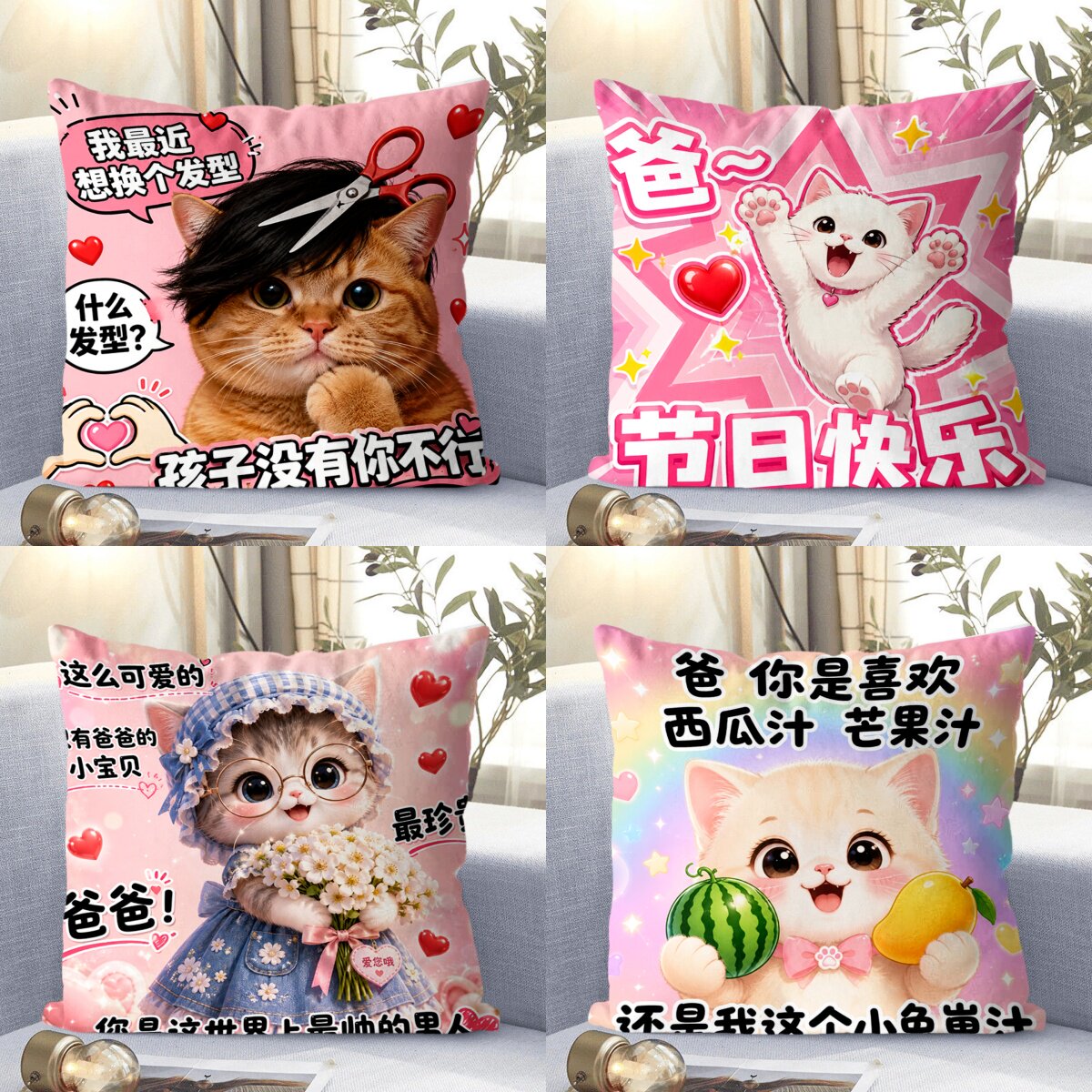 父亲节创意猫猫表情抱枕送父母礼物客厅沙发办公靠垫枕套可拆洗