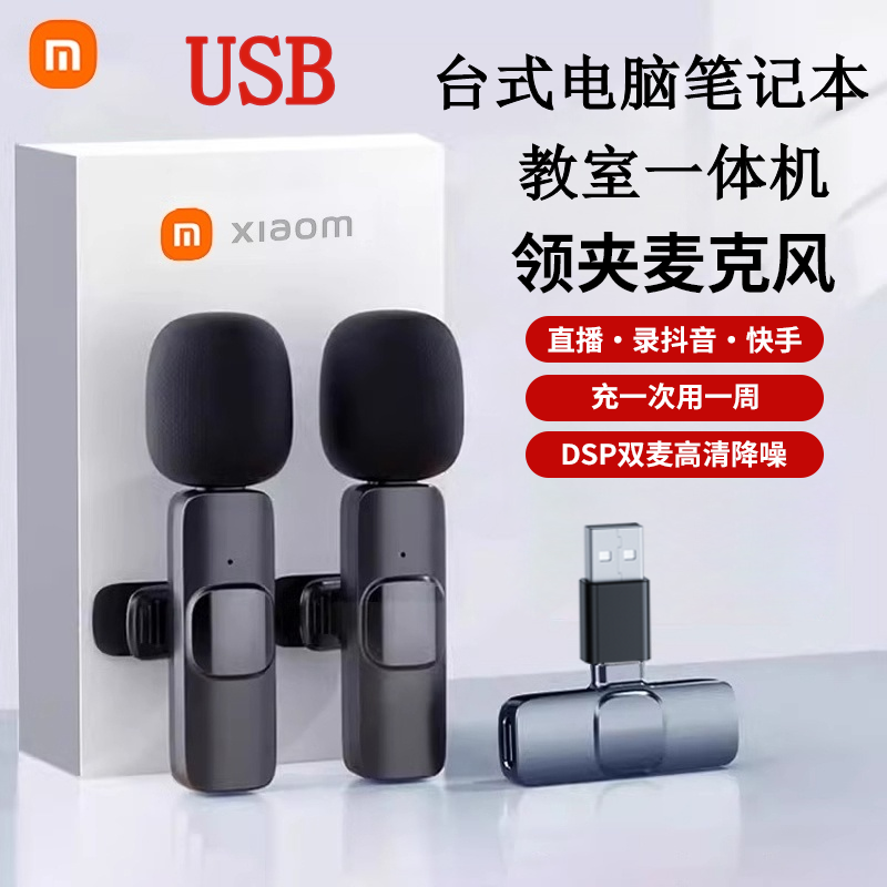 电脑USB无线麦克风领夹式收音麦器录音直播一拖二通用话筒降噪