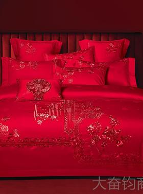 正品140s支全棉十长绒婚庆式四件套被套大红色床上用品棉新中结婚