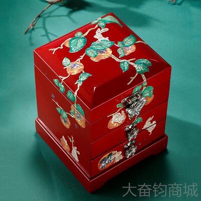 正品螺钿漆器首饰盒戒实精致首饰结婚礼木手镯指项链多层饰品收纳