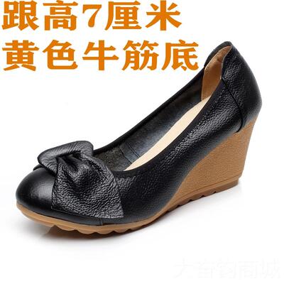 正品春秋季真皮牛美筋坡跟女鞋高跟鞋花朵浅口甜女单鞋上底妈班鞋