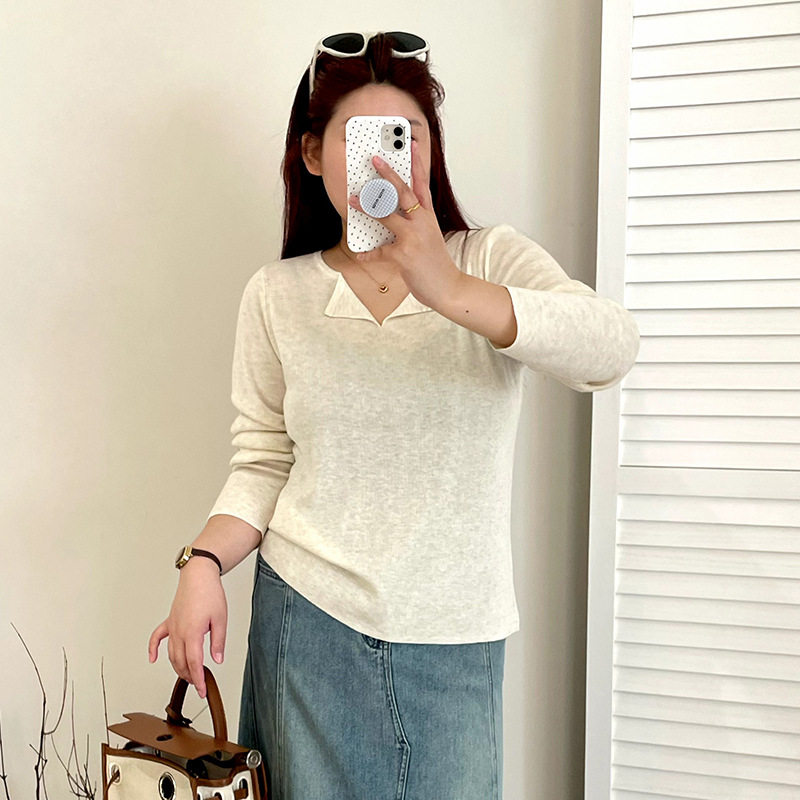 乃粒薄款百搭翻领针织衫2026秋胖mm大码基础款显瘦打底衫女上衣