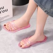 夏季 水晶中跟塑胶凉拖鞋 女透明坡跟妈妈浴室防滑厚底室外沙滩耐穿