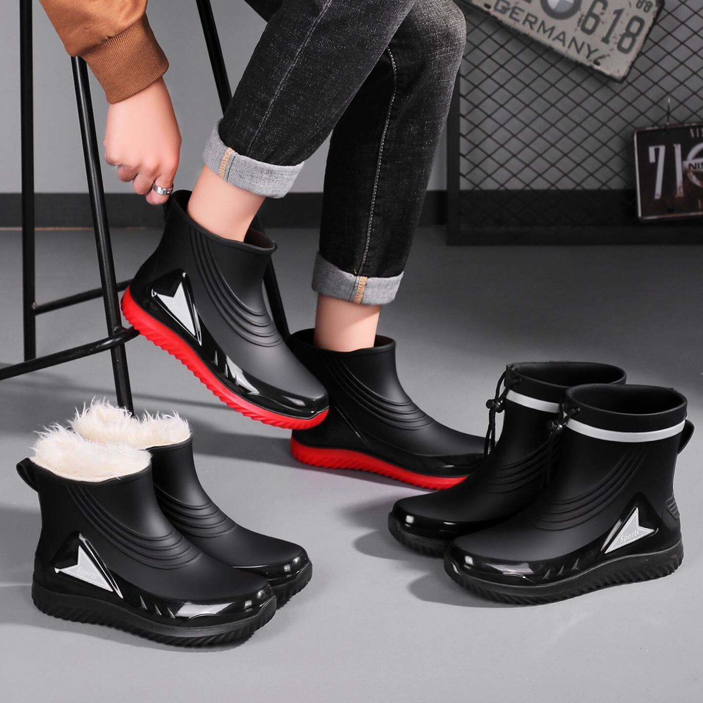 运动版雨鞋男短筒英式外穿防水休闲厚底厨房工作防滑钓鱼加绒保暖