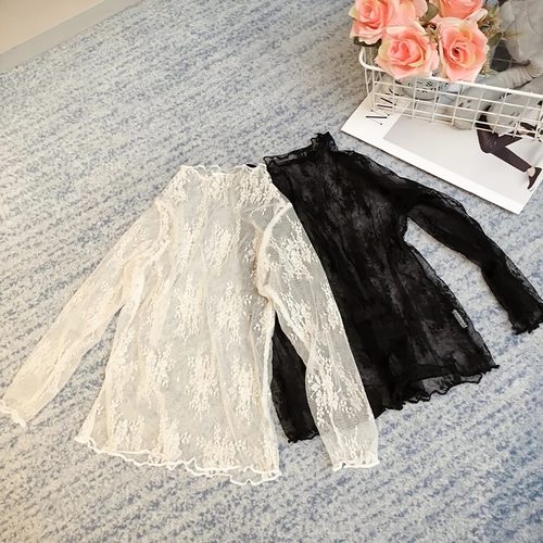 蕾丝春秋款长袖透视网纱打底衫