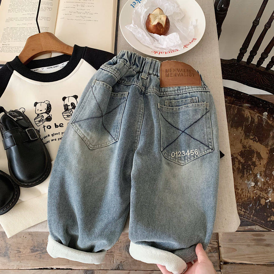 男童加绒牛仔裤2026冬季新款儿童浅牛仔奥粒绒柔软保暖长裤洋气潮