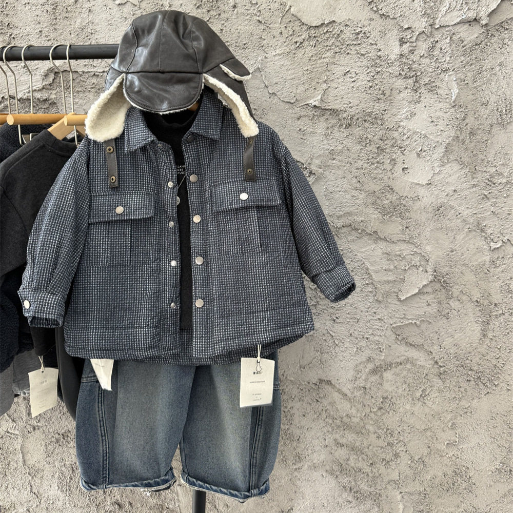 2026冬季儿童美式泡泡格子夹棉衬衫轻薄棉衣男女童加棉帅气棉服潮