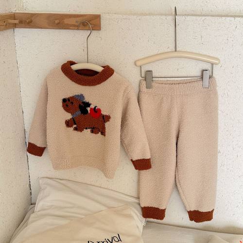 儿童半边绒睡衣套装2025冬季新款男女童卡通加厚保暖软绵绵家居服