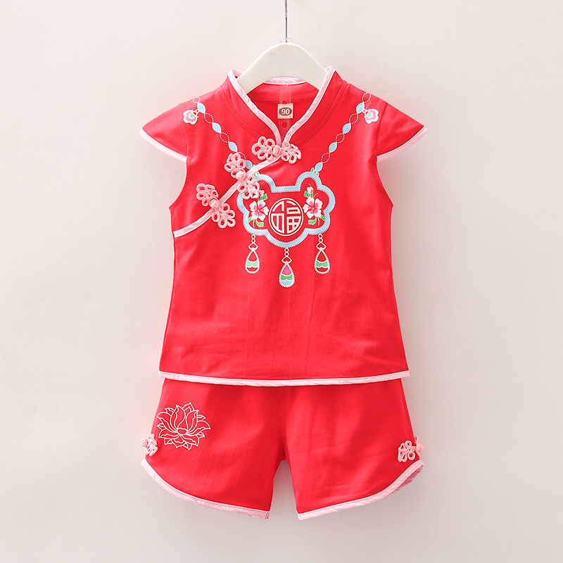 女宝宝唐装汉服夏装套装女童夏季中国风两件套小女孩衣服周岁礼服