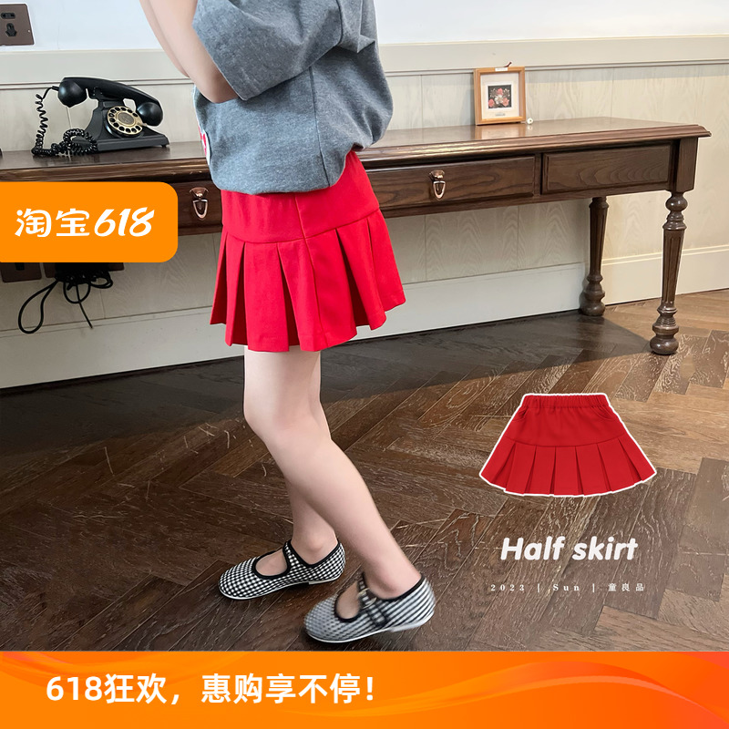 Sun 童品 | 女童百褶短裙春季新品儿童带安全底裤红色半身裙