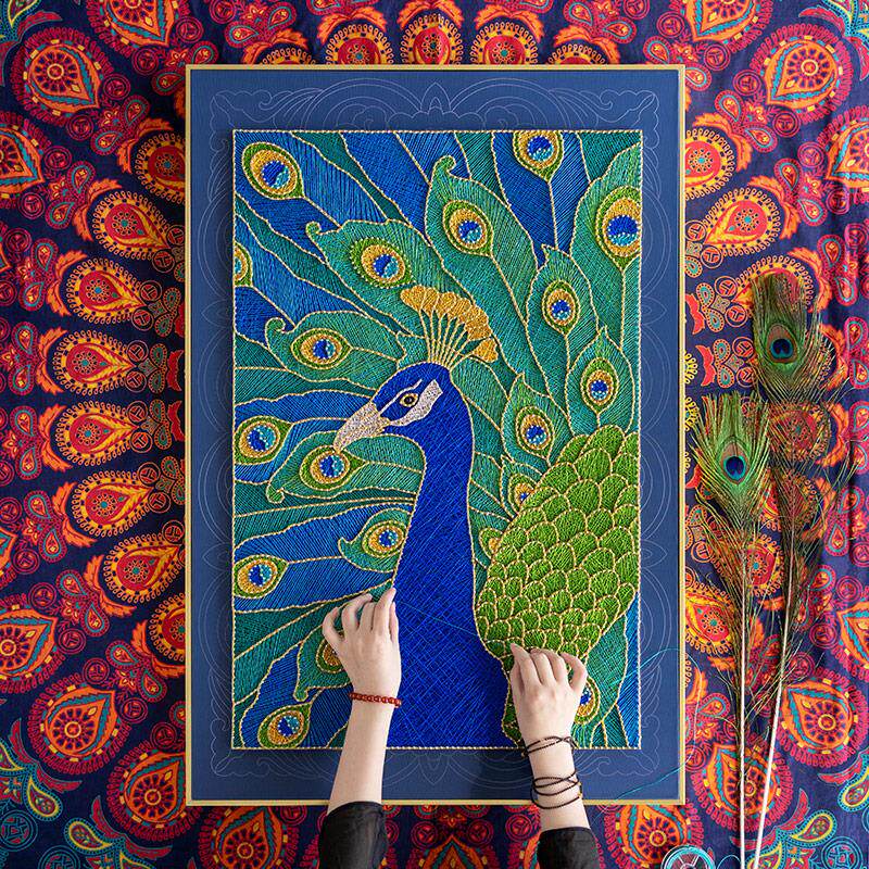 墙蛙中式手工diy绕线制作钉子画吉祥鸟孔雀弦丝画送朋友寓意礼物