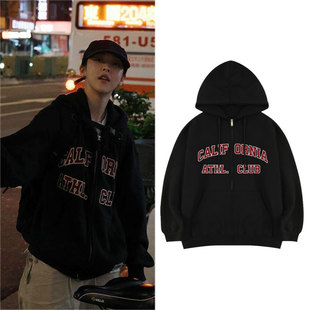 MAMAMOO文星伊玟星ins同款衣服加绒薄款印花拉链连帽卫衣秋冬外套